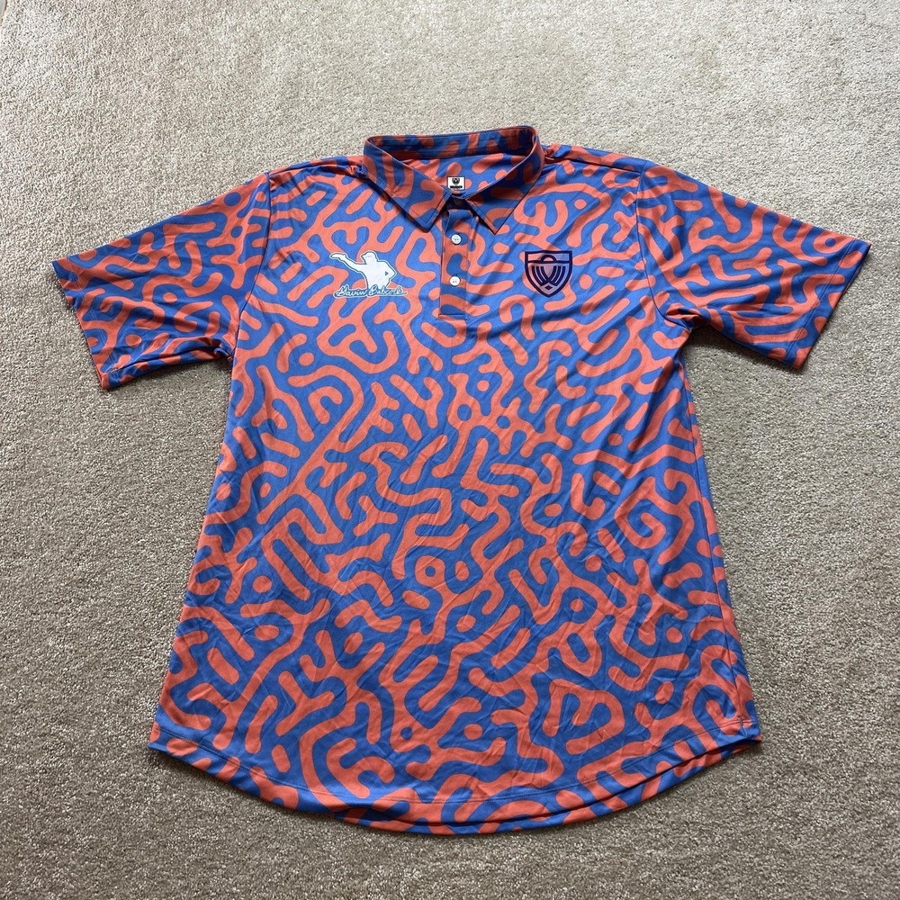 Wander Disc Golf Shirt Mens Large Blue Orange Gavin Babcock Patterned Polo‎